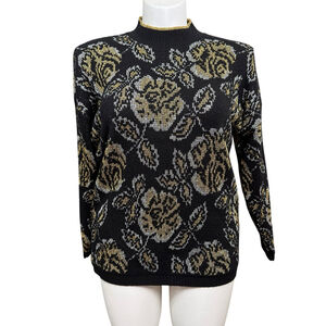 Vintage Bel Ami Black Gold Metallic Floral Sweater Made in USA Size Medium